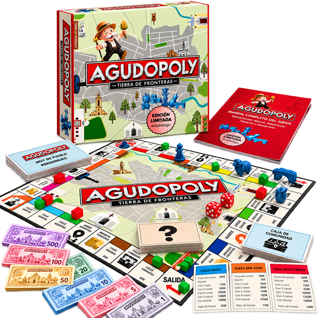 Caja y tablero desplegado de AGUDOPOLY · Tierra de Fronteras, con cartas y fichas del juego inspirado en Agudo